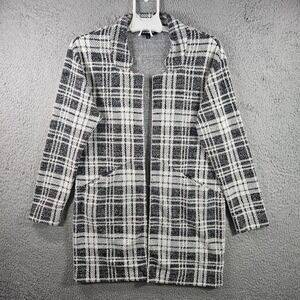 EXPRESS Plaid Open Front Cardigan Blazer Jacket Womens XS Black‎ White Textured